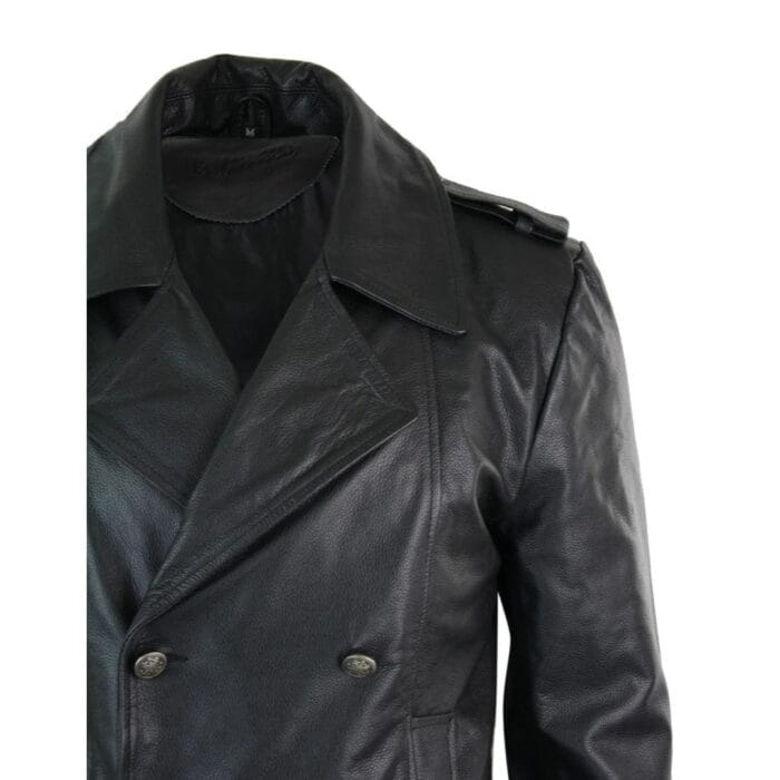 Mens Mid Length German Sailors Marine Goth Punk Double Breasted Real Leather Jacket - Knighthood Store