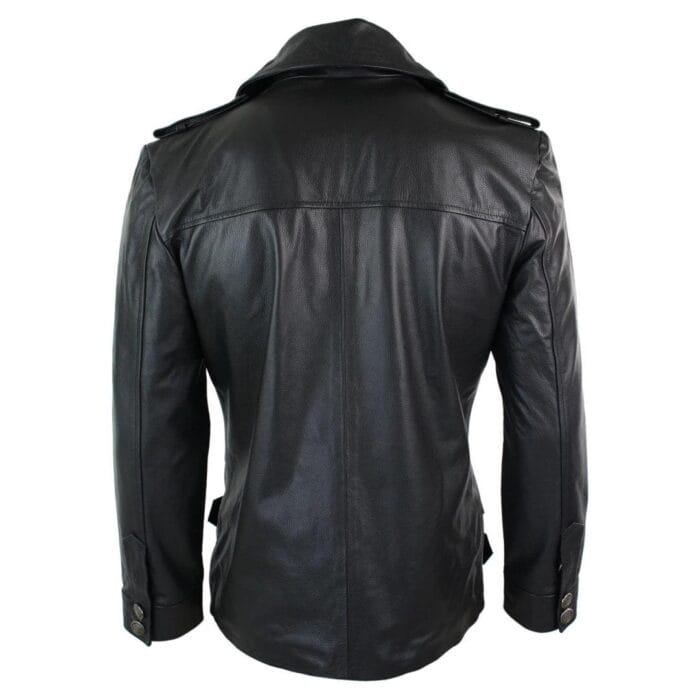 Mens Mid Length German Sailors Marine Goth Punk Double Breasted Real Leather Jacket - Knighthood Store