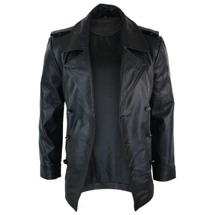 Mens Mid Length German Sailors Marine Goth Punk Double Breasted Real Leather Jacket - Knighthood Store