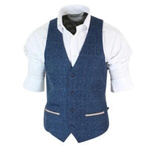 Gilet da uomo in tweed a spina di pesce con motivo a quadri vintage e finiture in velluto, blu, marrone e grigio - Knighthood Store