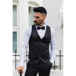Herren Weste aus schwarzem Satin, zweireihig, Smokingweste mit schwarzer Krawatte, maßgeschneiderter Schnitt – Knighthood Store