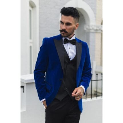 Herren Königsblauer Samt Smoking Blazer Satin Steigendes Revers Dinnerjacket Hochzeit Abschlussball Schwarze Krawatte - Knighthood Store