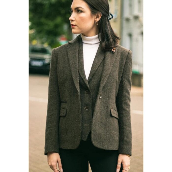Womens Tweed Herringbone Blazer Jacket Waistcoat Brown 1920s Vintage Tailored - Knighthood Store