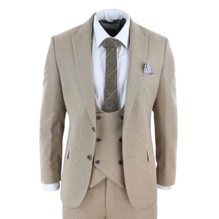 Herren Tweed 3-teiliger Anzug in Hellbraun/Oak, zweireihig, maßgeschneiderte Passform, Hochzeit - Knighthood Store