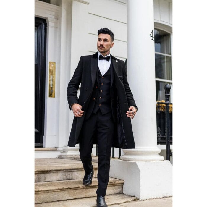 Herrenmantel in voller Länge, Mac-Jacke, Wollgefühl, Anthrazit/Schwarz, 1920er-Jahre-Scheuklappen - Knighthood Store
