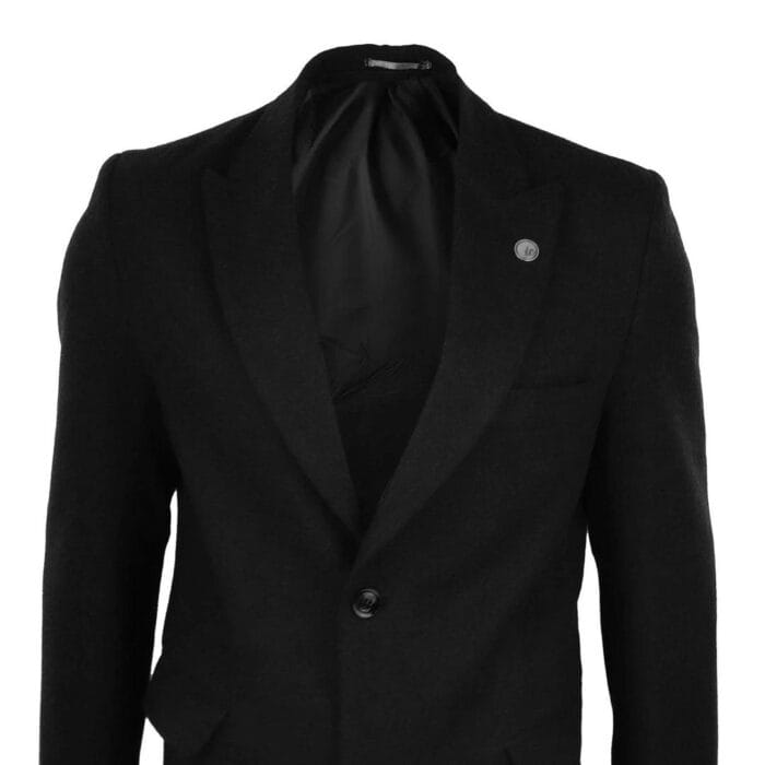 Herrenmantel in voller Länge, Mac-Jacke, Wollgefühl, Anthrazit/Schwarz, 1920er-Jahre-Scheuklappen - Knighthood Store