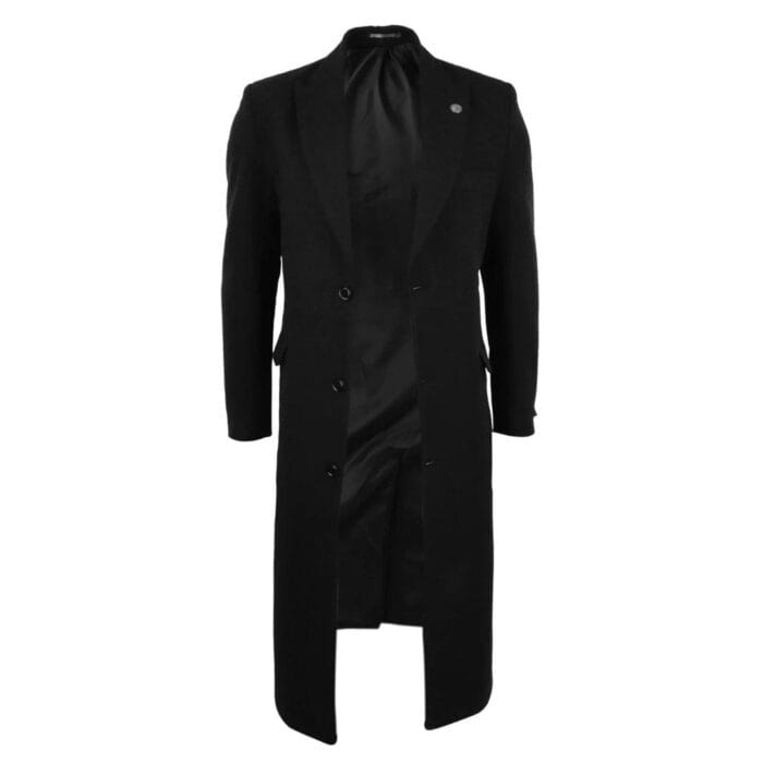 Herrenmantel in voller Länge, Mac-Jacke, Wollgefühl, Anthrazit/Schwarz, 1920er-Jahre-Scheuklappen - Knighthood Store