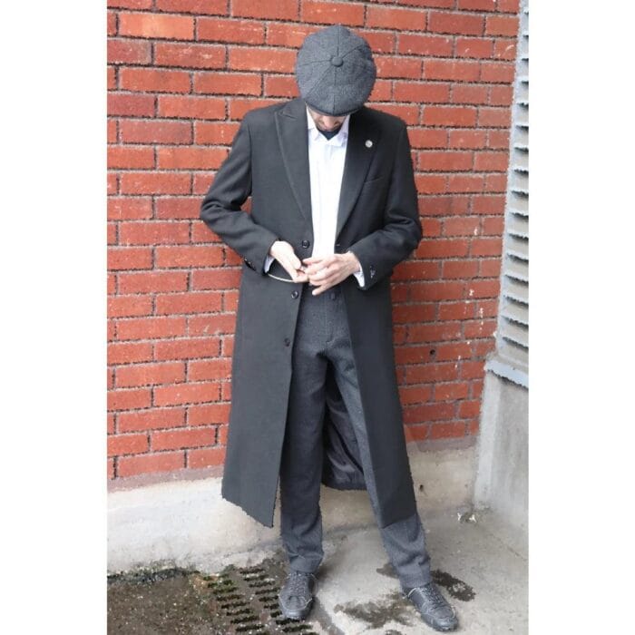Herrenmantel in voller Länge, Mac-Jacke, Wollgefühl, Anthrazit/Schwarz, 1920er-Jahre-Scheuklappen - Knighthood Store