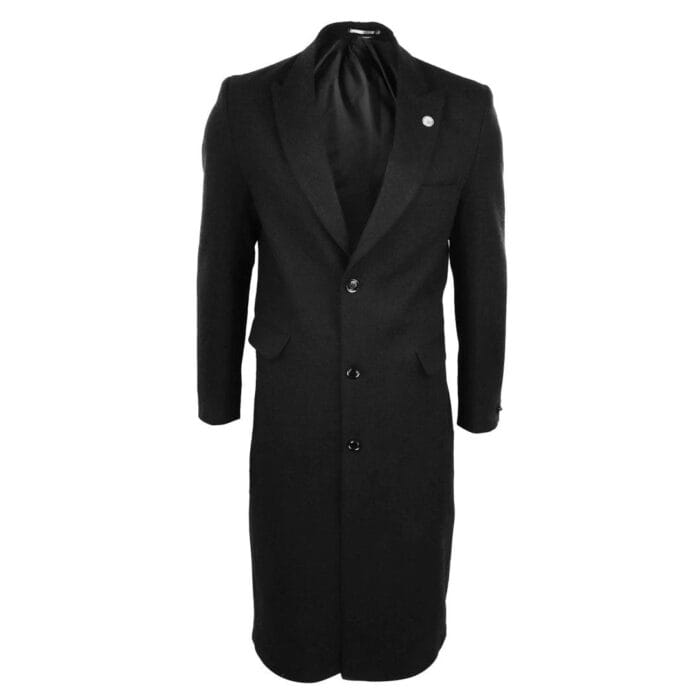 Herrenmantel in voller Länge, Mac-Jacke, Wollgefühl, Anthrazit/Schwarz, 1920er-Jahre-Scheuklappen - Knighthood Store