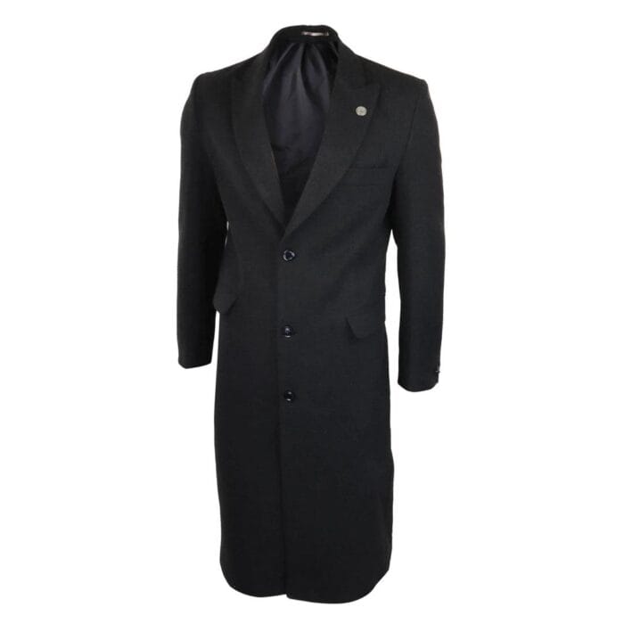 Herrenmantel in voller Länge, Mac-Jacke, Wollgefühl, Anthrazit/Schwarz, 1920er-Jahre-Scheuklappen - Knighthood Store