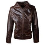 Giacca da motociclista in vera pelle da donna, stile rock, con cintura, stile vintage, marrone - Knighthood Store