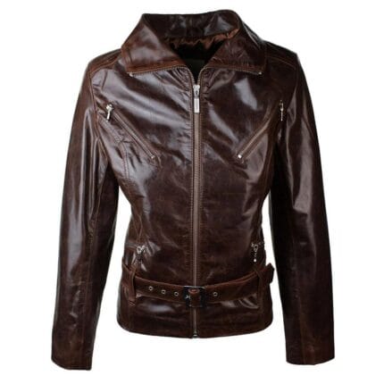 Damen Echtlederjacke im Biker-Stil mit Gürtel im Vintage-Stil, braun - Knighthood Store