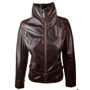 Damen Echtlederjacke im Biker-Stil mit Gürtel im Vintage-Stil, braun - Knighthood Store