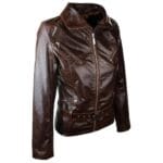 Giacca da motociclista in vera pelle da donna, stile rock, con cintura, stile vintage, marrone - Knighthood Store