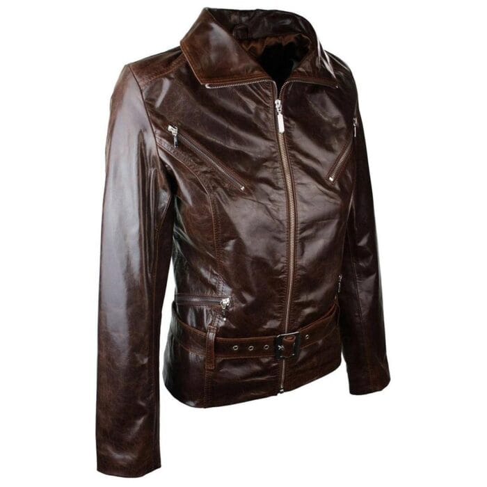Giacca da motociclista in vera pelle da donna, stile rock, con cintura, stile vintage, marrone - Knighthood Store