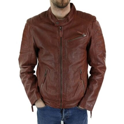 Mens Tan Brown Short Biker Real Leather Jacket Vintage Tailored Fit Genuine Mens Tan Brown Short Biker Real Leather Jacket Vintage Tailored Fit Genuine - Knighthood Store