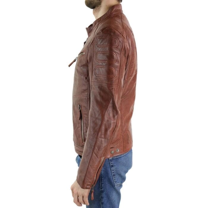 Mens Tan Brown Short Biker Real Leather Jacket Vintage Tailored Fit Genuine - Knighthood Store