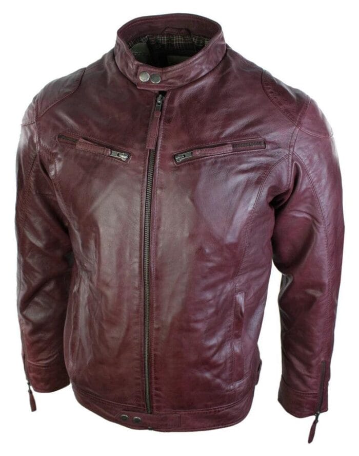 Chaqueta de cuero auténtico para hombre, estilo motero, vintage, burdeos, vino, bolsillos con cremallera, estilo retro informal - Knighthood Store