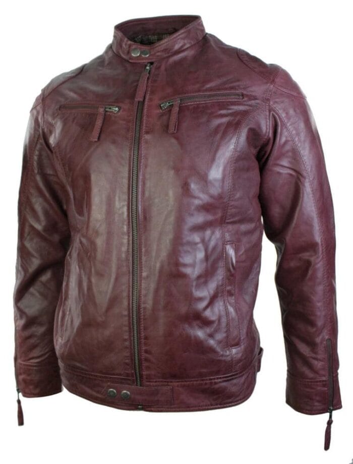 Chaqueta de cuero auténtico para hombre, estilo motero, vintage, burdeos, vino, bolsillos con cremallera, estilo retro informal - Knighthood Store
