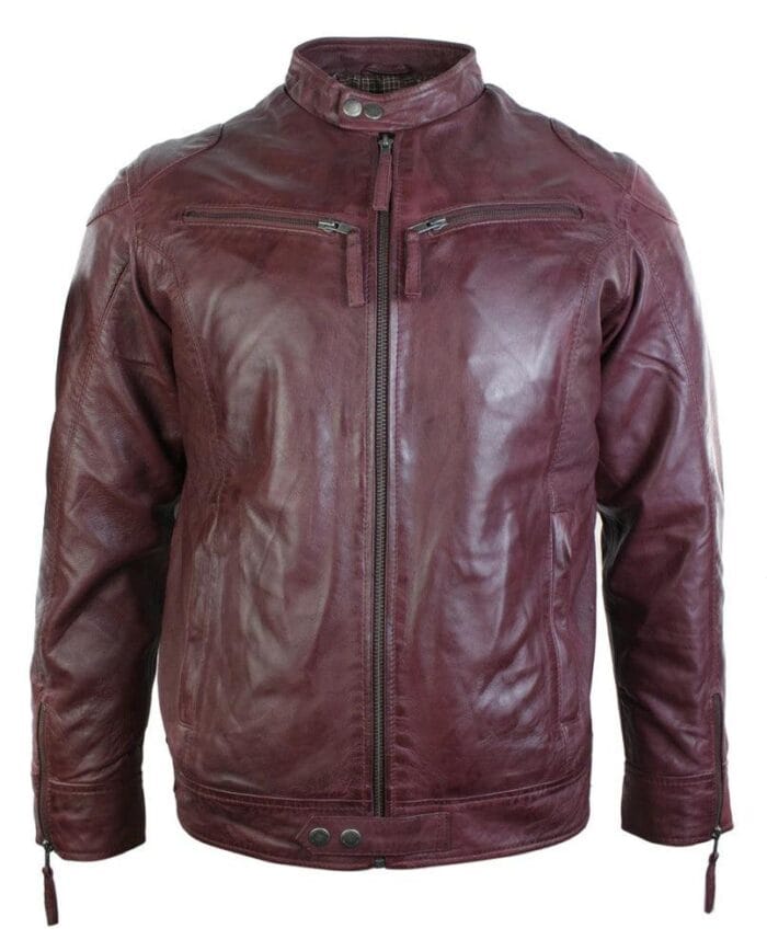 Chaqueta de cuero auténtico para hombre, estilo motero, vintage, burdeos, vino, bolsillos con cremallera, estilo retro informal - Knighthood Store
