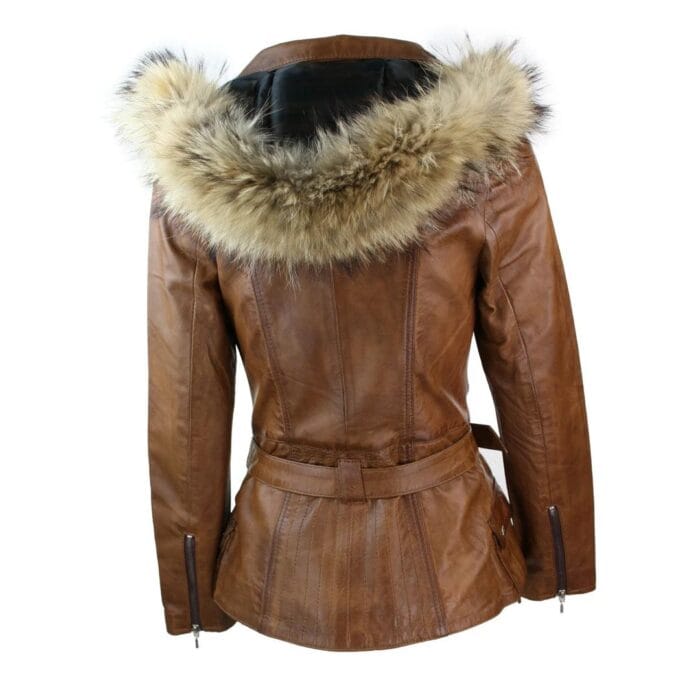 Giacca invernale da donna in vera pelle con cappuccio, modello parka marrone chiaro - Knighthood Store