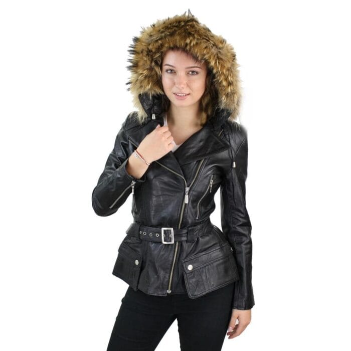 Giacca invernale da donna in vera pelle con cappuccio, modello parka marrone chiaro - Knighthood Store