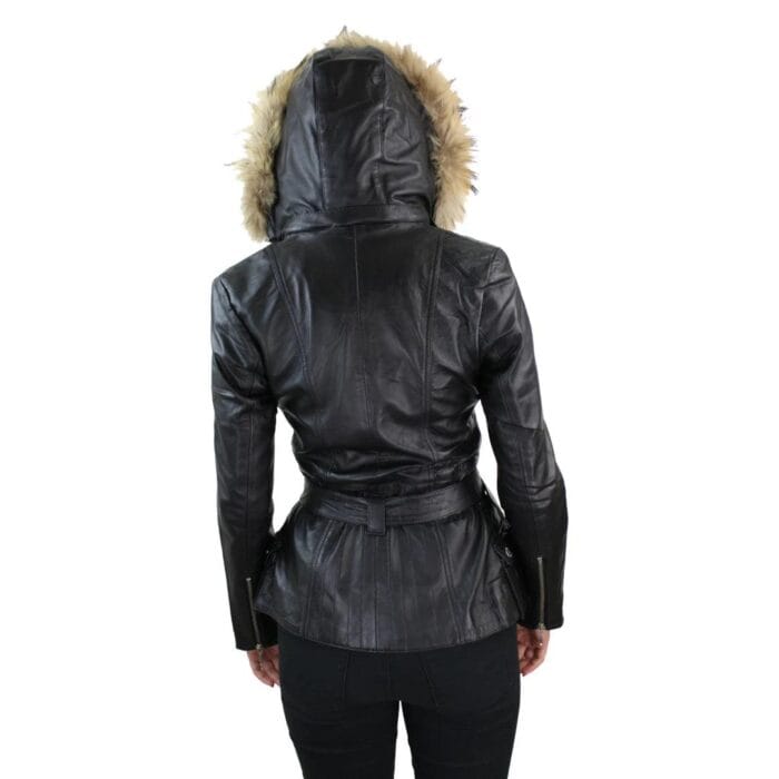 Giacca invernale da donna in vera pelle con cappuccio, modello parka marrone chiaro - Knighthood Store