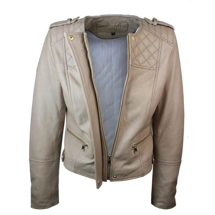 Giacca da motociclista in vera pelle di agnello color crema da donna - Knighthood Store
