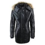 Chaqueta de invierno de piel auténtica con capucha y parka negra para mujer - Knighthood Store