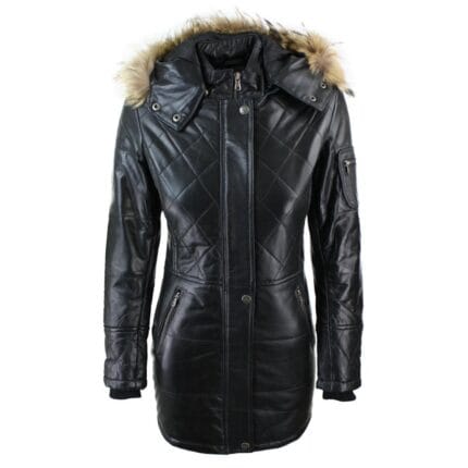 Chaqueta de invierno de piel auténtica con capucha y parka negra para mujer - Knighthood Store