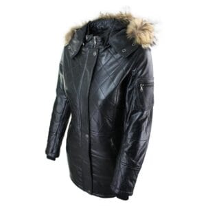 Parka da donna in vera pelle nera con cappuccio in vera pelliccia - Knighthood Store