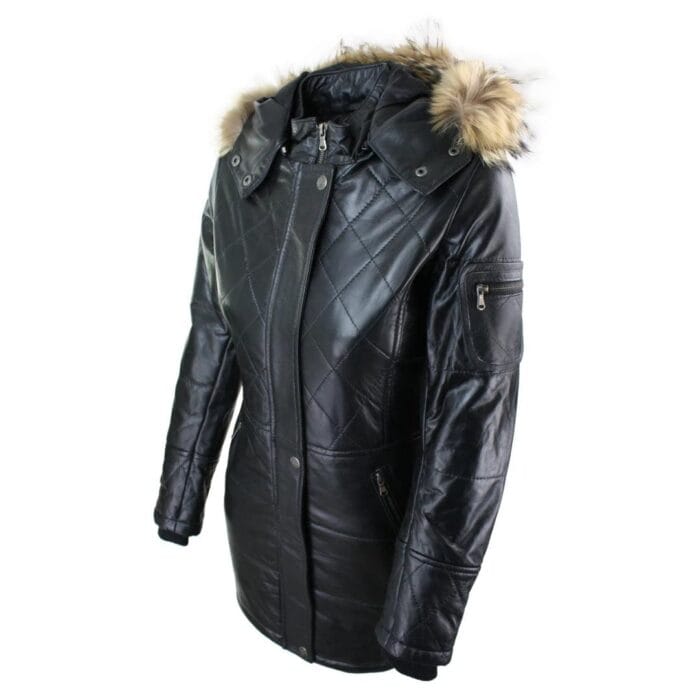 Chaqueta de invierno de piel auténtica con capucha y parka negra para mujer - Knighthood Store