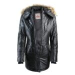 Chaqueta de invierno de piel auténtica con capucha y parka negra para mujer - Knighthood Store