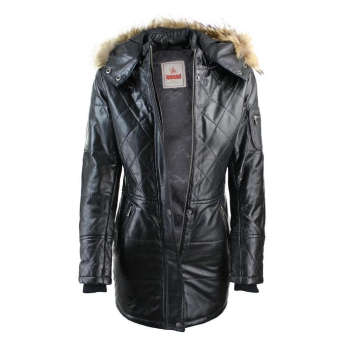 Chaqueta de invierno de piel auténtica con capucha y parka negra para mujer - Knighthood Store