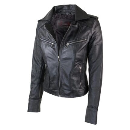 Chaqueta de motociclista de cuero auténtico para mujer, color morado y rojo, corte entallado - Knighthood Store