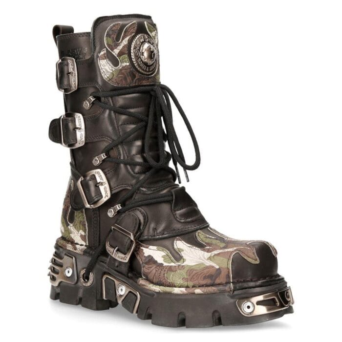 New Rock New Rock 591 S15 Camouflage Flame Metallic Schwarz Leder Biker Goth Boot - Knighthood Store
