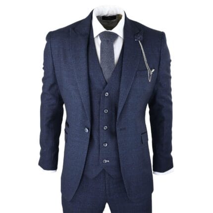 Mens Herringbone Tweed Navy Blue Check 3 Piece Vintage Suit Tan - Knighthood Store