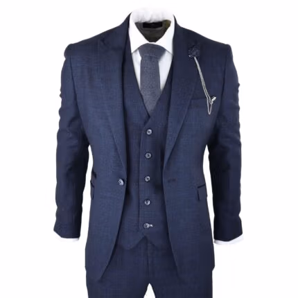 Mens Herringbone Tweed Navy Blue Check 3 Piece Vintage Suit Tan - Knighthood Store