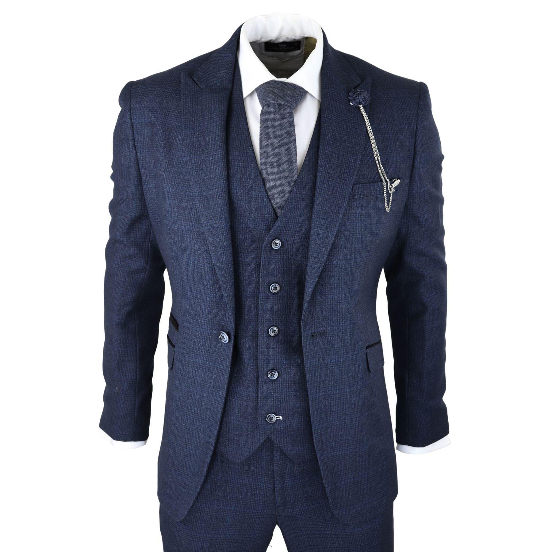 Mens Herringbone Tweed Navy Blue Check 3 Piece Vintage Suit Tan - Knighthood Store