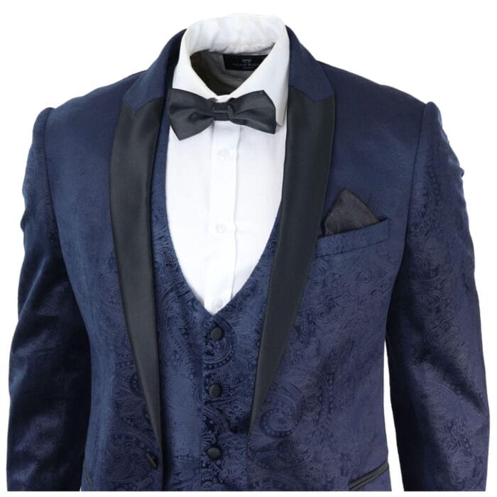 Herrenanzug Marc Darcy Samt Paisley Blau Passform 3-teilig Smoking Smoking Hochzeit - Knighthood Store