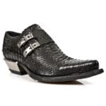 Bottes New Rock 7934-S2 en cuir noir gaufré python avec boucle et talon West Steel - Knighthood Store
