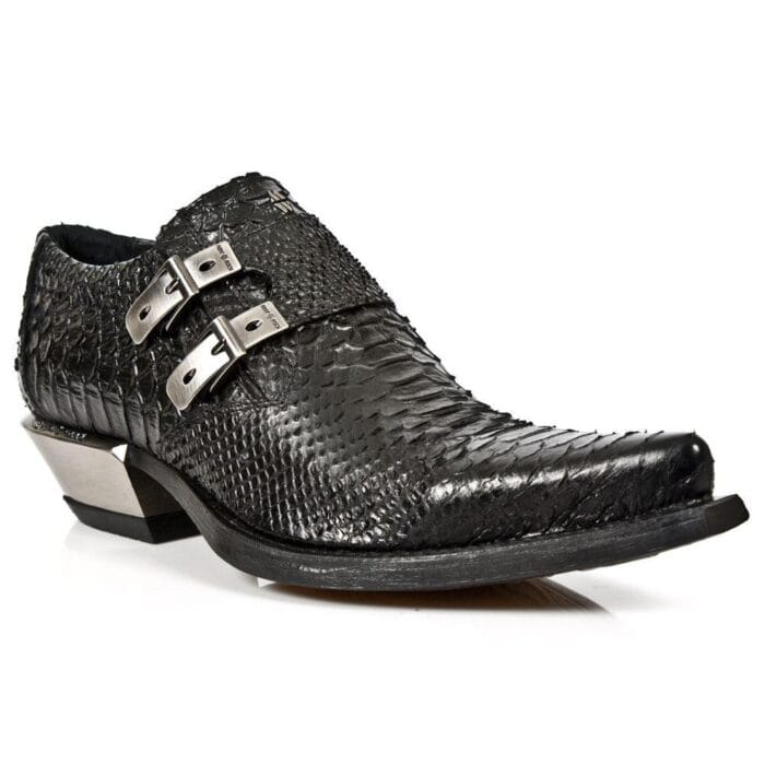 Botas de tacón de acero New Rock 7934-S2 con hebilla de piel de pitón negra en relieve - Tienda Knighthood