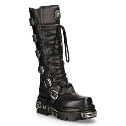 New Rock 272 Metallic Schwarz Goth Kniehohe Stiefel mit Reißverschluss und Schnalle aus Leder Punk Emo - Knighthood Store
