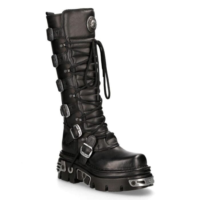 New Rock 272 Metallic Schwarz Goth Kniehohe Stiefel mit Reißverschluss und Schnalle aus Leder Punk Emo - Knighthood Store