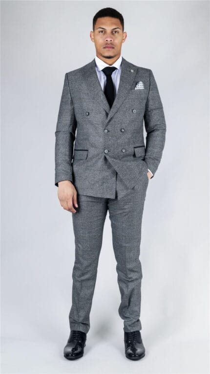 Men's Grey Suit 2 Piece Double Breasted Check Formal Dress - Knighthood Store