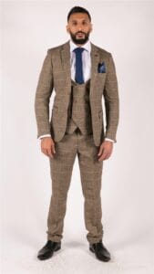 Mens 3 Piece Herringbone Tweed Tan Brown Check Suit Tailored Fit Double Classic - Knighthood Store