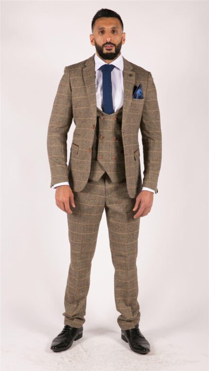 Mens 3 Piece Herringbone Tweed Tan Brown Check Suit Tailored Fit Double Classic - Knighthood Store