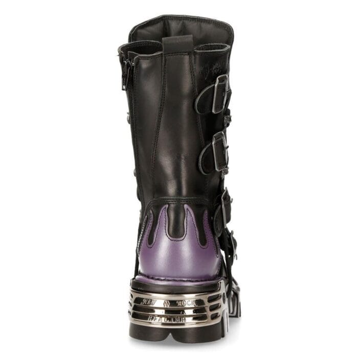New Rock M-591-s5 Purple Flame Punk Boots Black Leather Gothic Heavy Biker - Knighthood Store