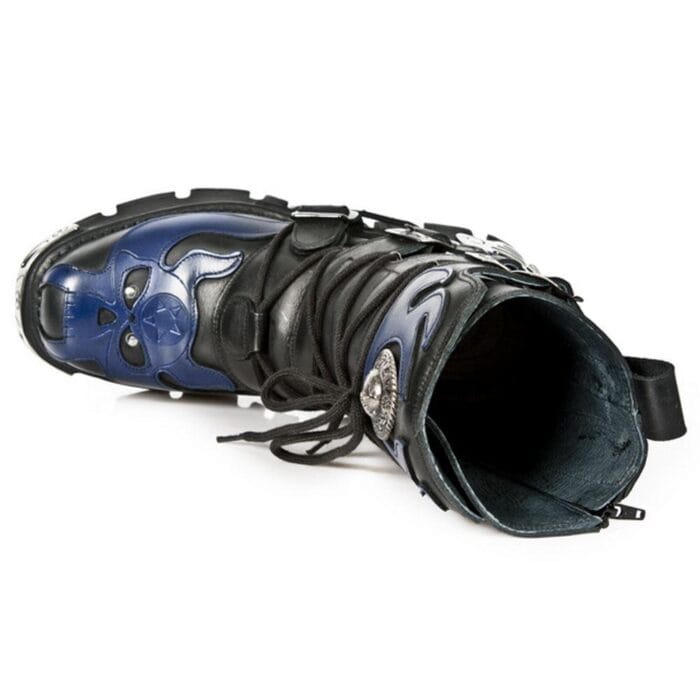 Botas unisex NEW ROCK 107-C5 de piel negra y azul con diseño de calavera y diablo, estilo gótico, punk y motero - Knighthood Store