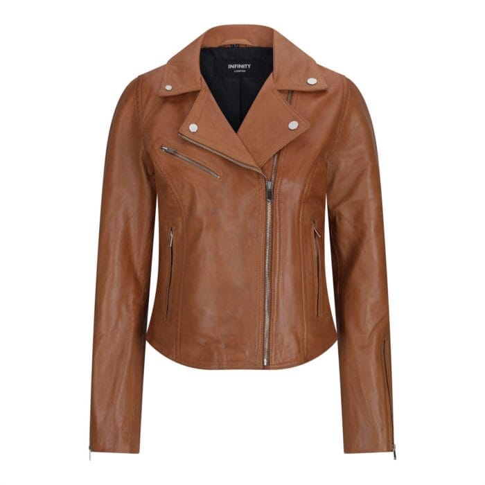 Damen Echtleder Bikerjacke Cross Zip Soft Slim Fit Brando Hellbraun Braun Schwarz Rot Gelb - Knighthood Store